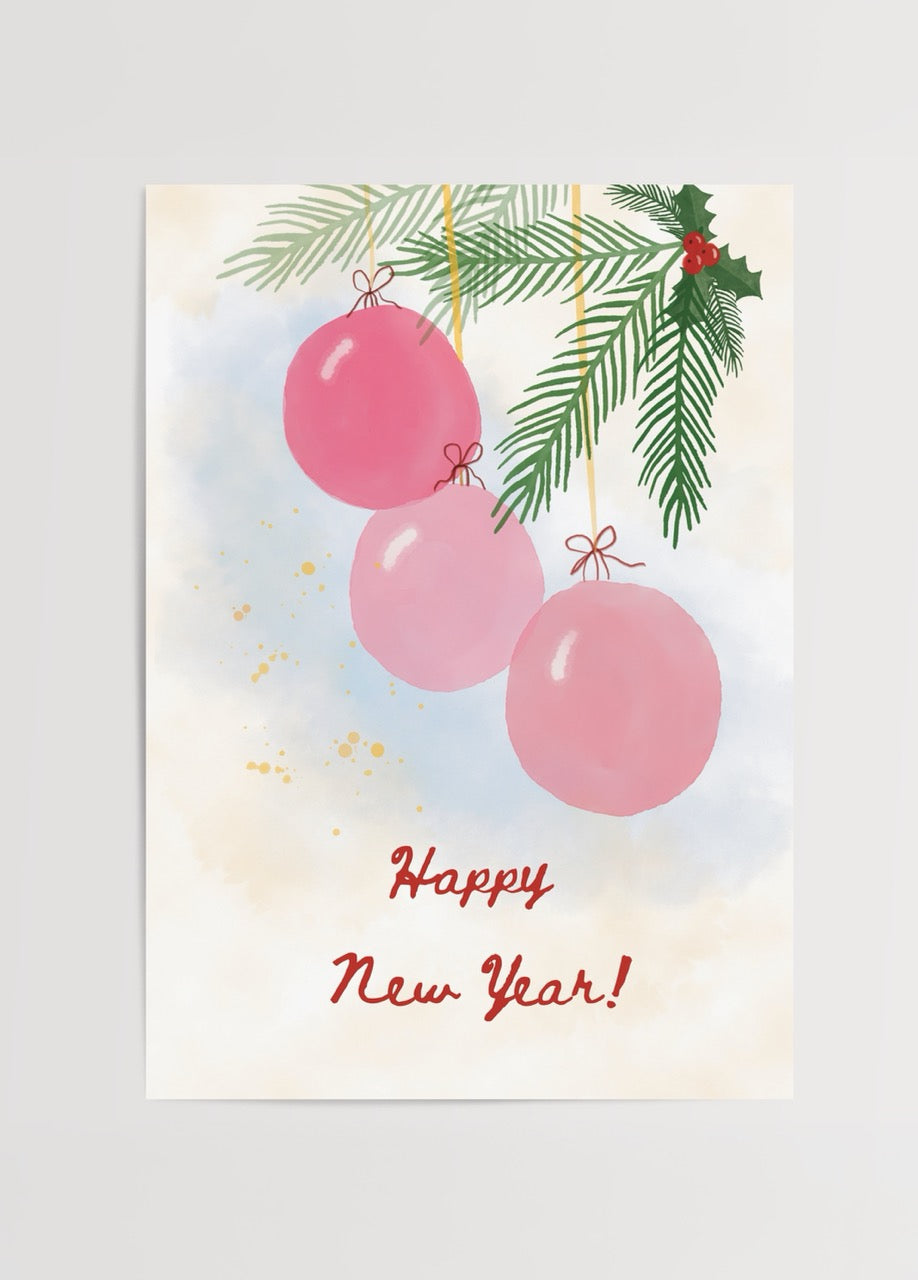 Pink Poster Print featuring festive ornaments and greenery.