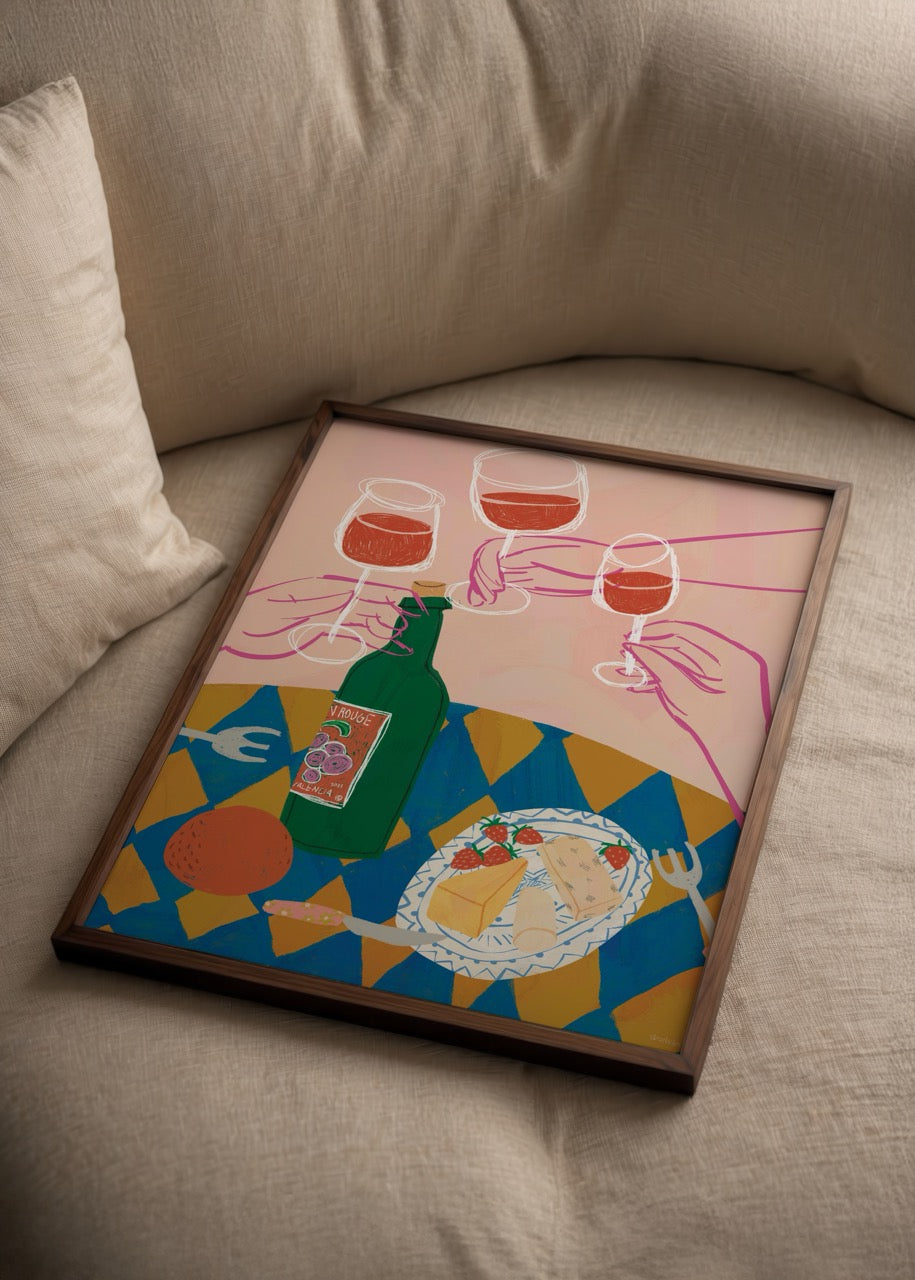 A vibrant illustration of wine glasses, cheese, and fruit on a table, perfect for kitchen decor.