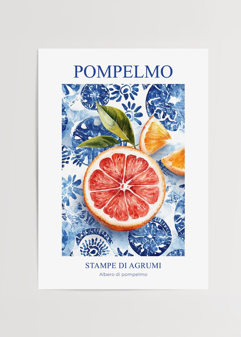 Vibrant grapefruit artwork with blue floral backdrop for kitchen decor.