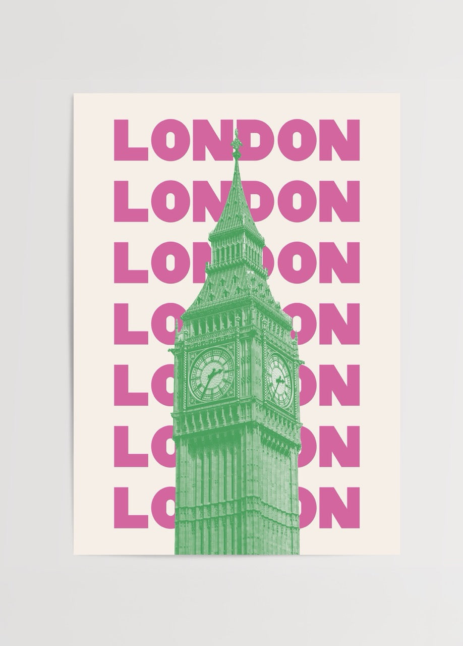 Vibrant Big Ben wall art featuring bold typography and colours.