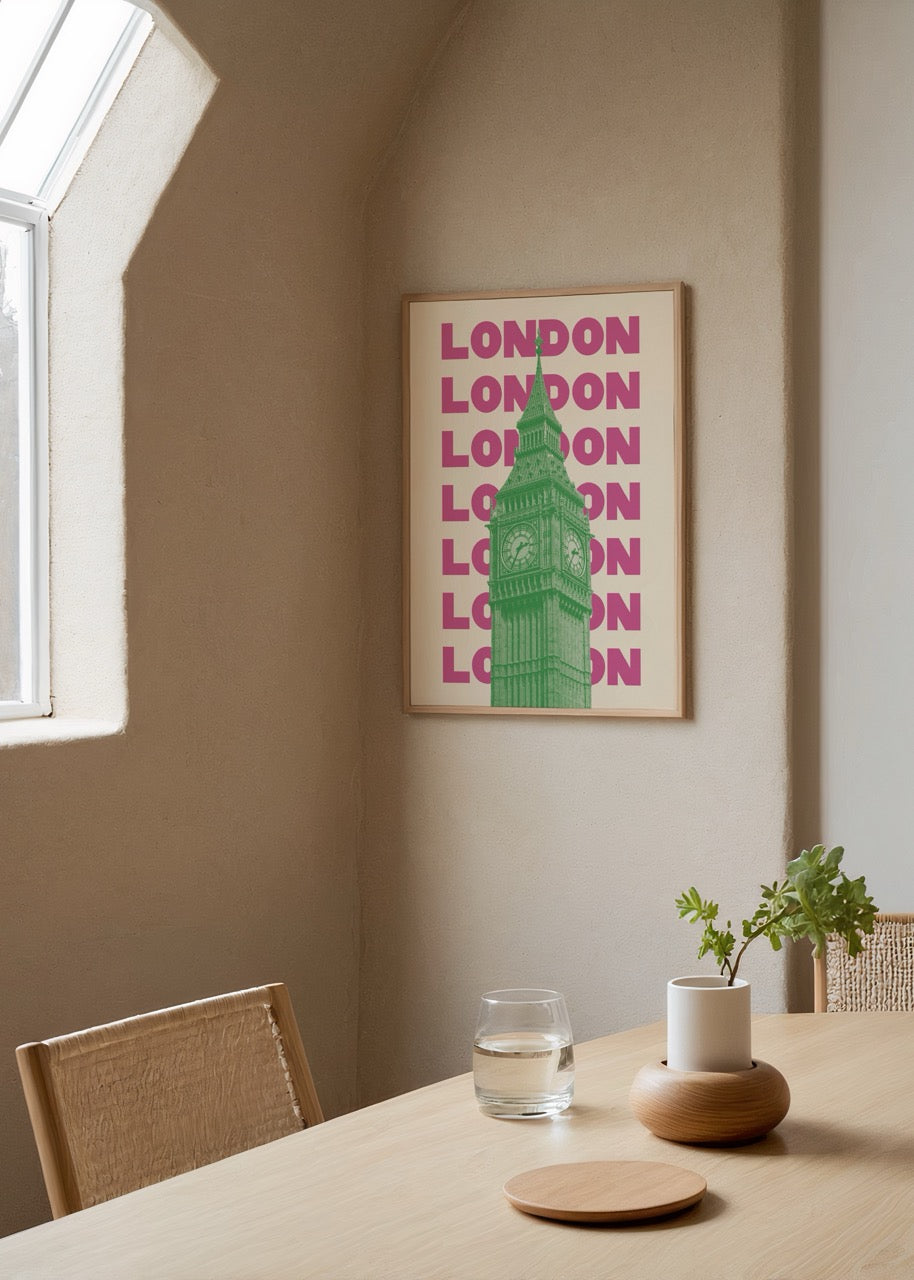 Vibrant Big Ben wall art featuring bold typography and colours.
