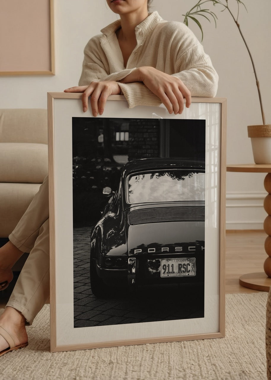 Vintage Porsche 911 wall art print in black and white
