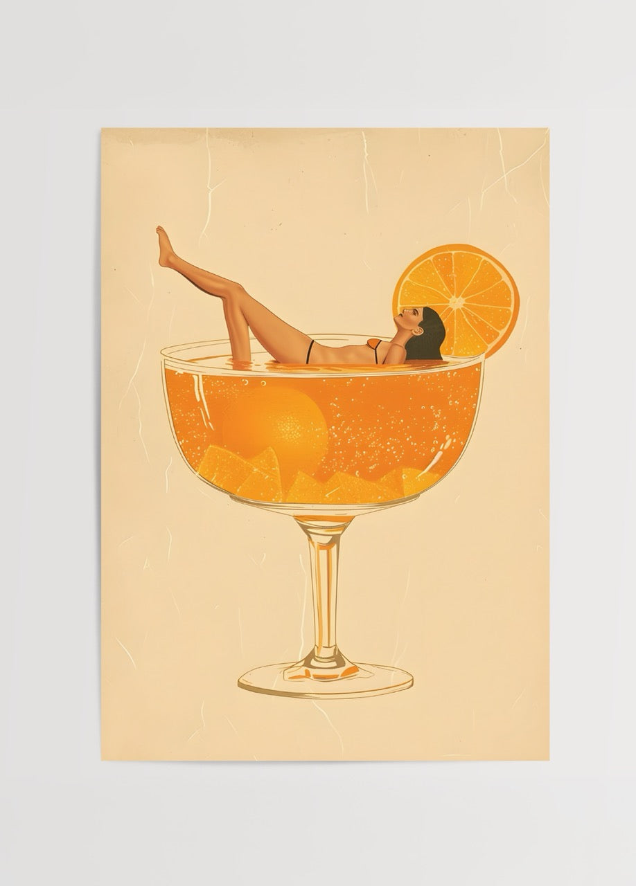 Illustration of a tropical cocktail with a woman relaxing inside, evoking summer vibes.