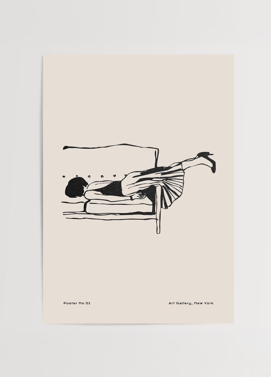 Minimalist wall art featuring a figure reclining on a sofa.