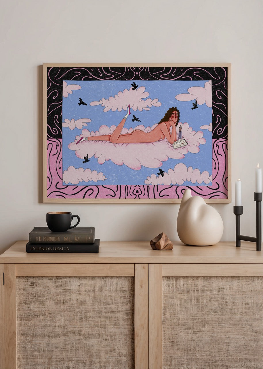 A whimsical princess print featuring a figure lounging on clouds, surrounded by a vibrant sky.