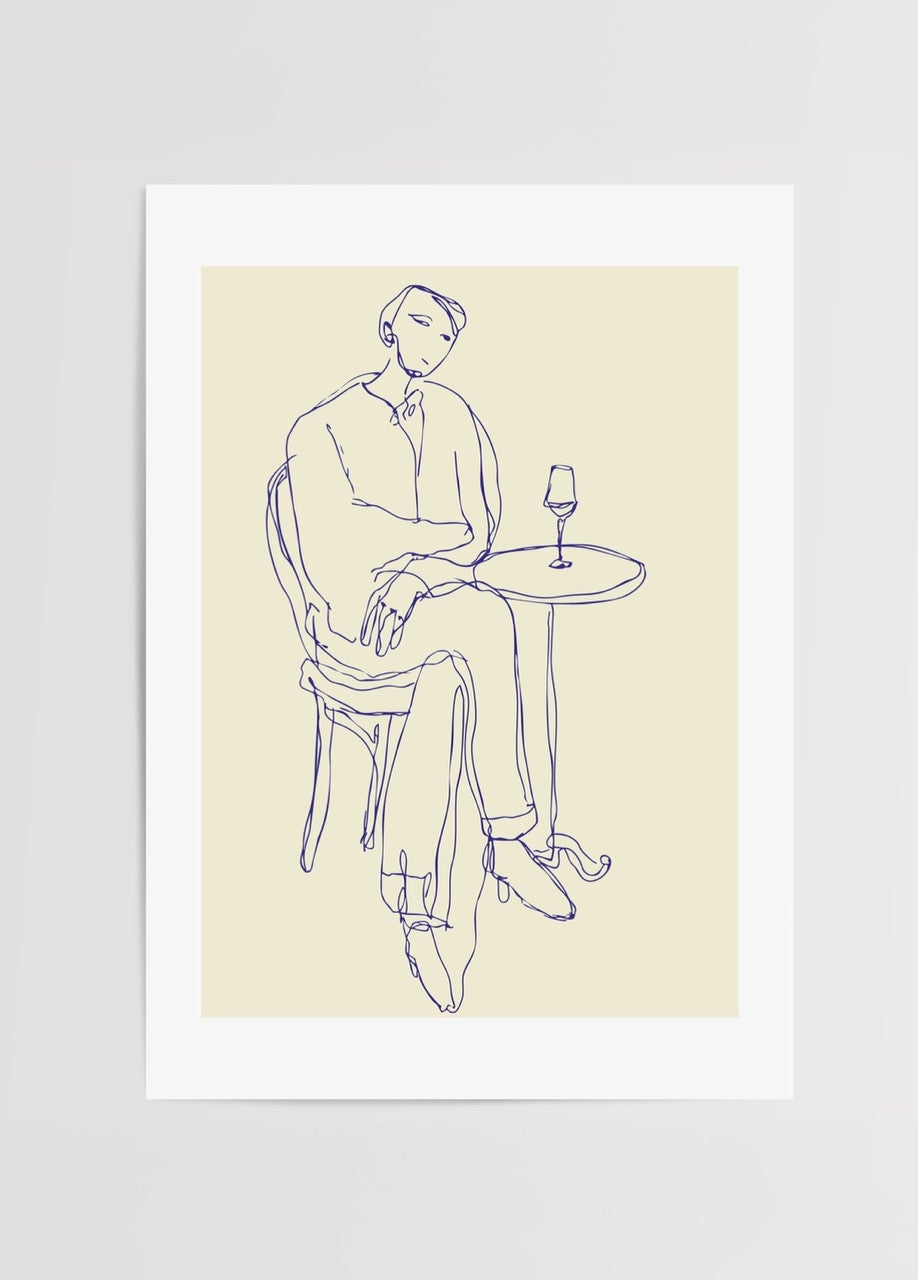 Elegant line art of a person seated with a glass on a table, perfect for wall decor.