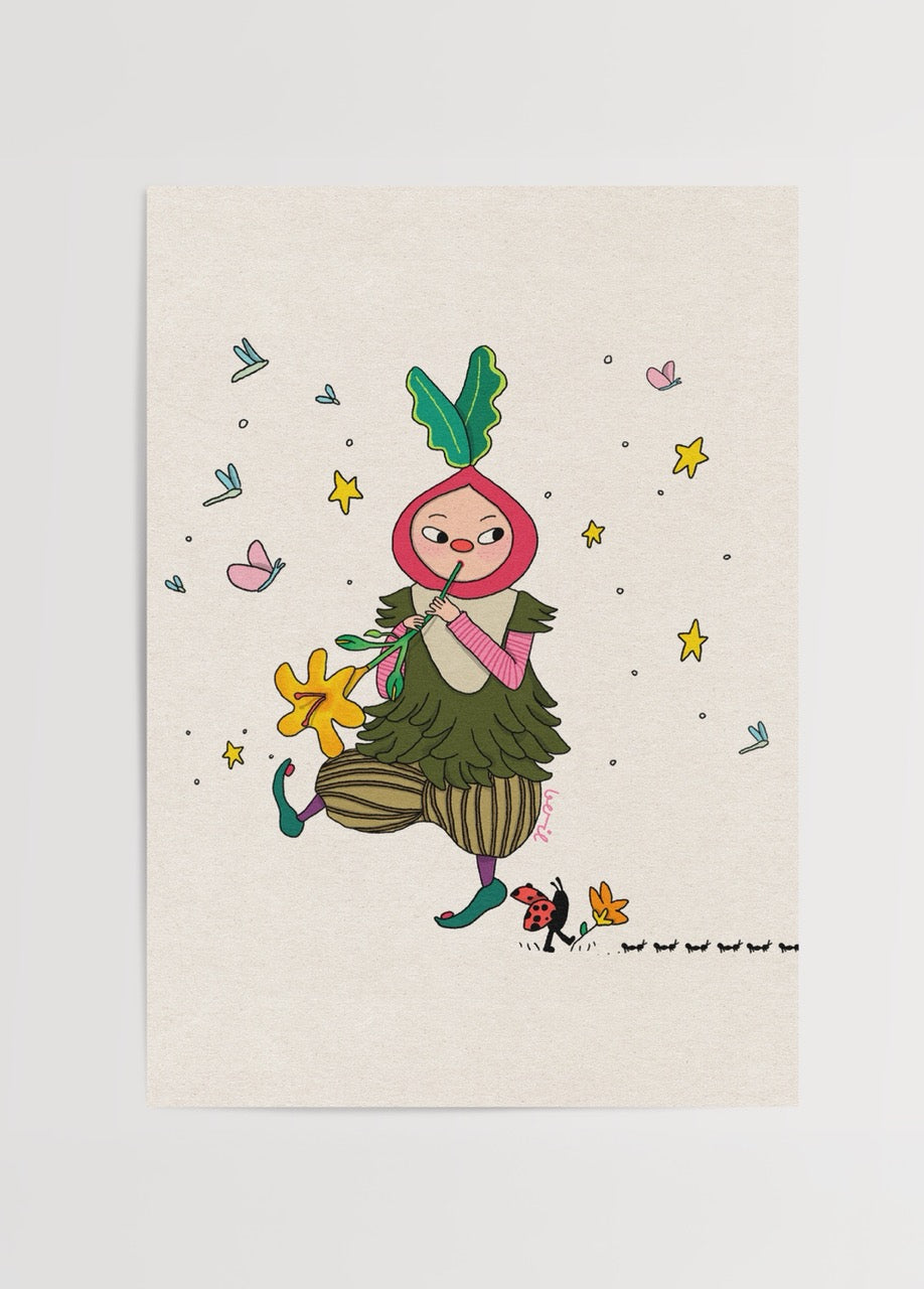 Whimsical Radish Girl Poster Print featuring a playful character with greenery.