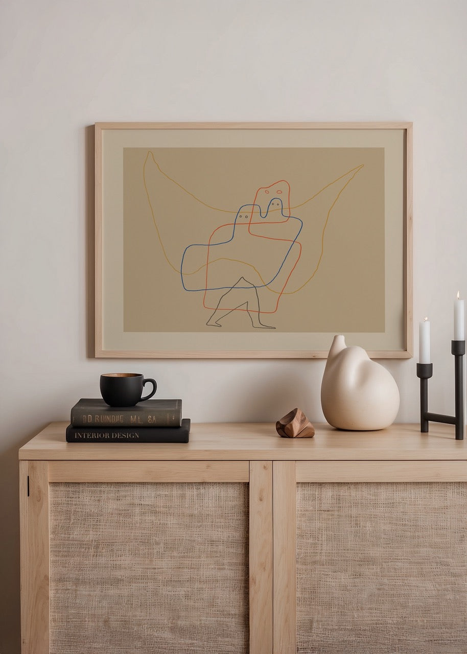 Minimal line art print featuring dynamic contours in subtle colours.