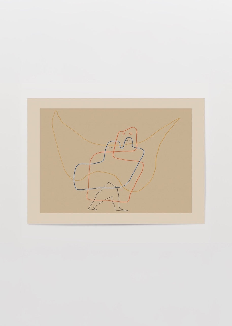 Minimal line art print featuring dynamic contours in subtle colours.