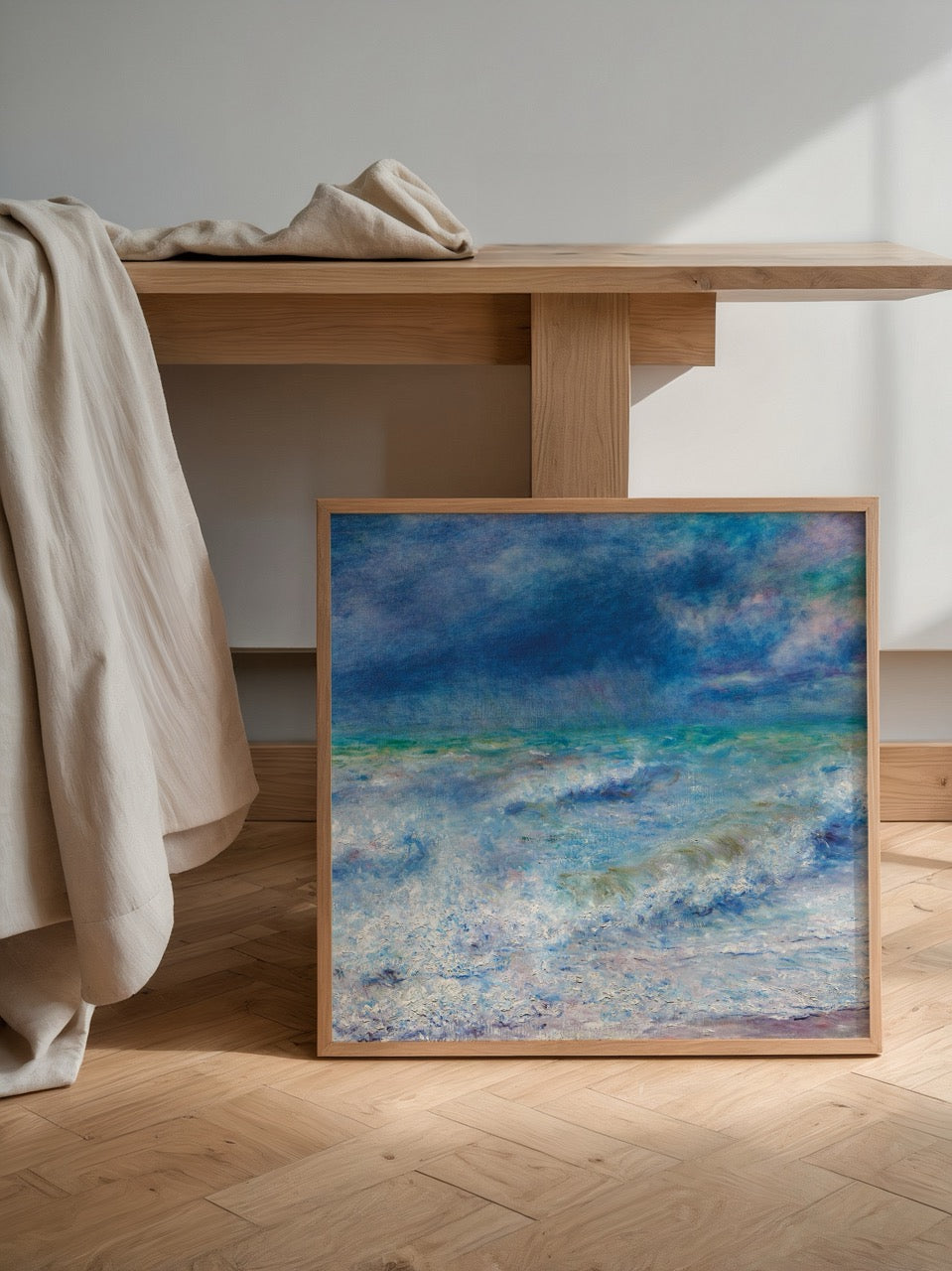 Stunning wall art depicting serene coastal waves in rich blues and whites.