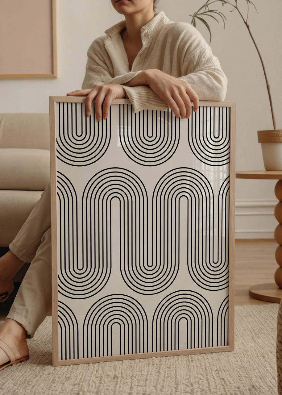 Curved lines retro wall art print in black and white