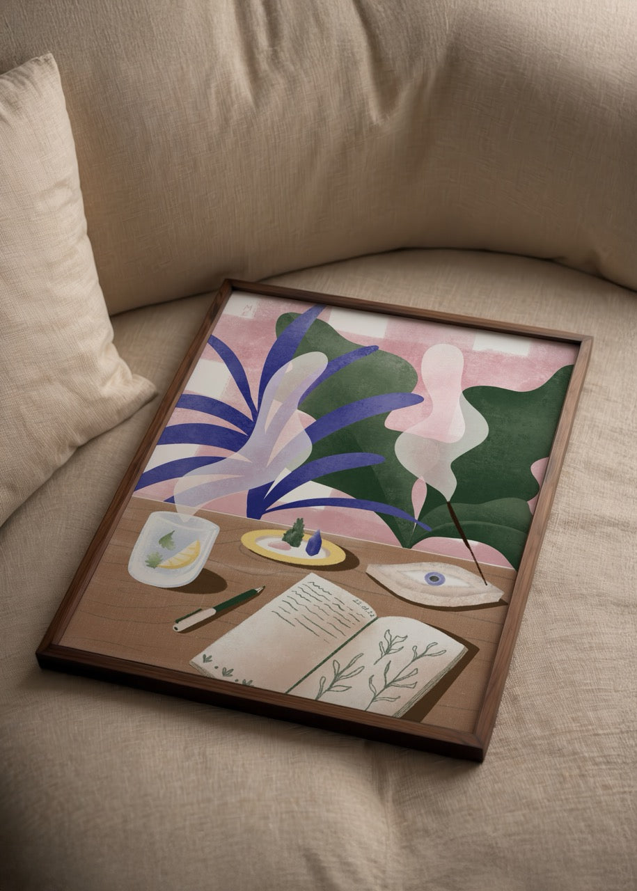 Artistic poster featuring a serene ritual scene with plants and an incense holder.