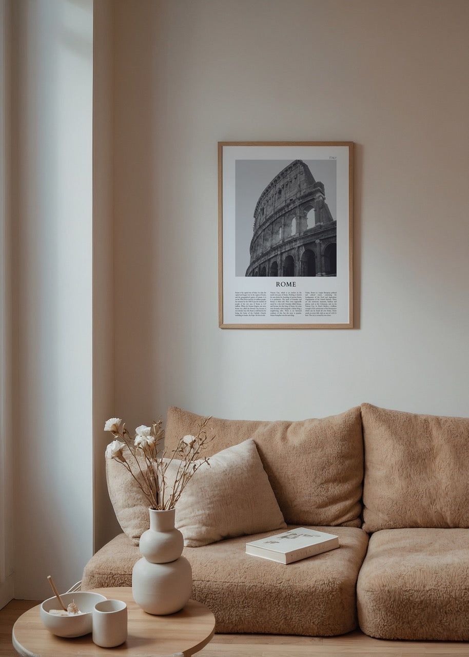 Black and white print of the Colosseum in Rome, showcasing its architectural beauty.
