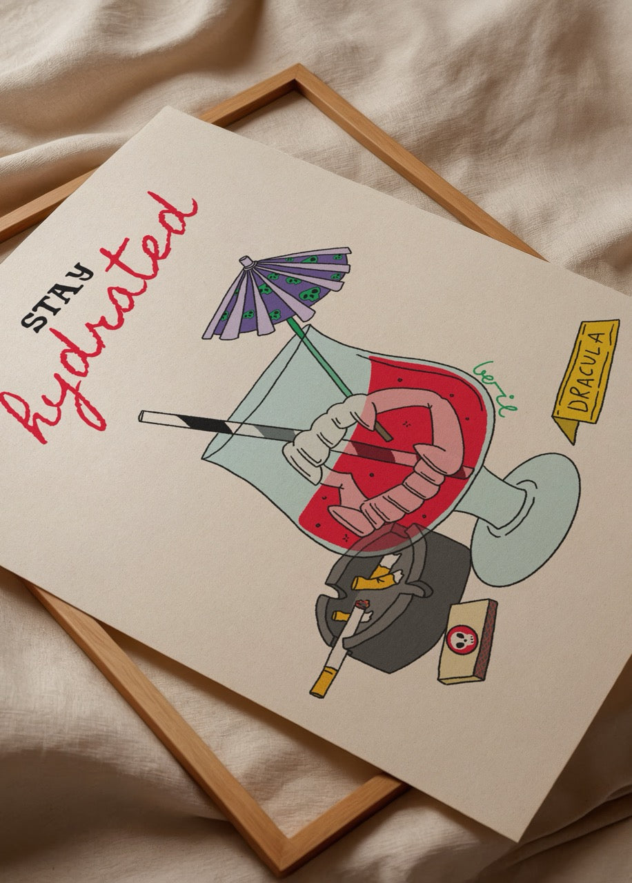 Whimsical illustration of a drink with the text &