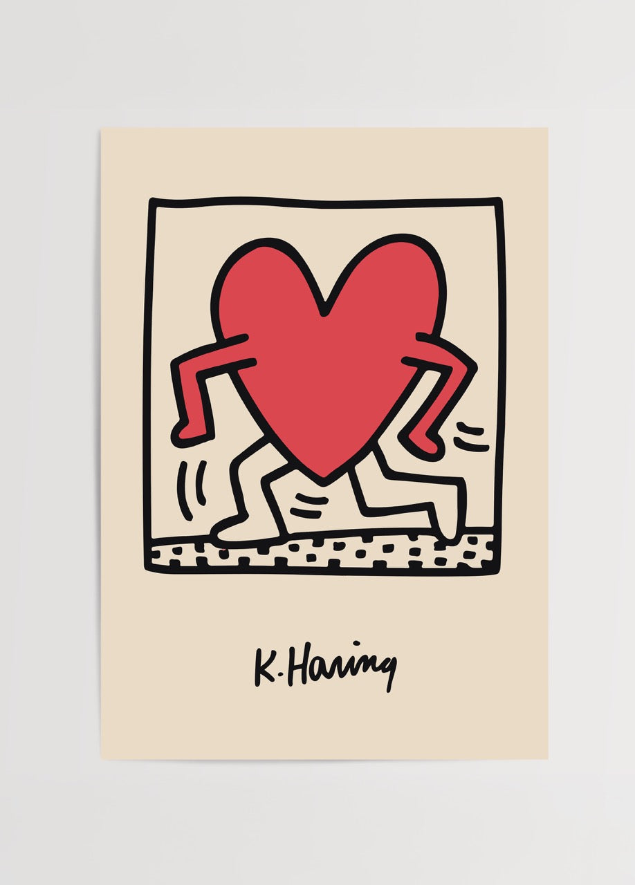 Energetic heart-themed art print in vibrant red on beige background.