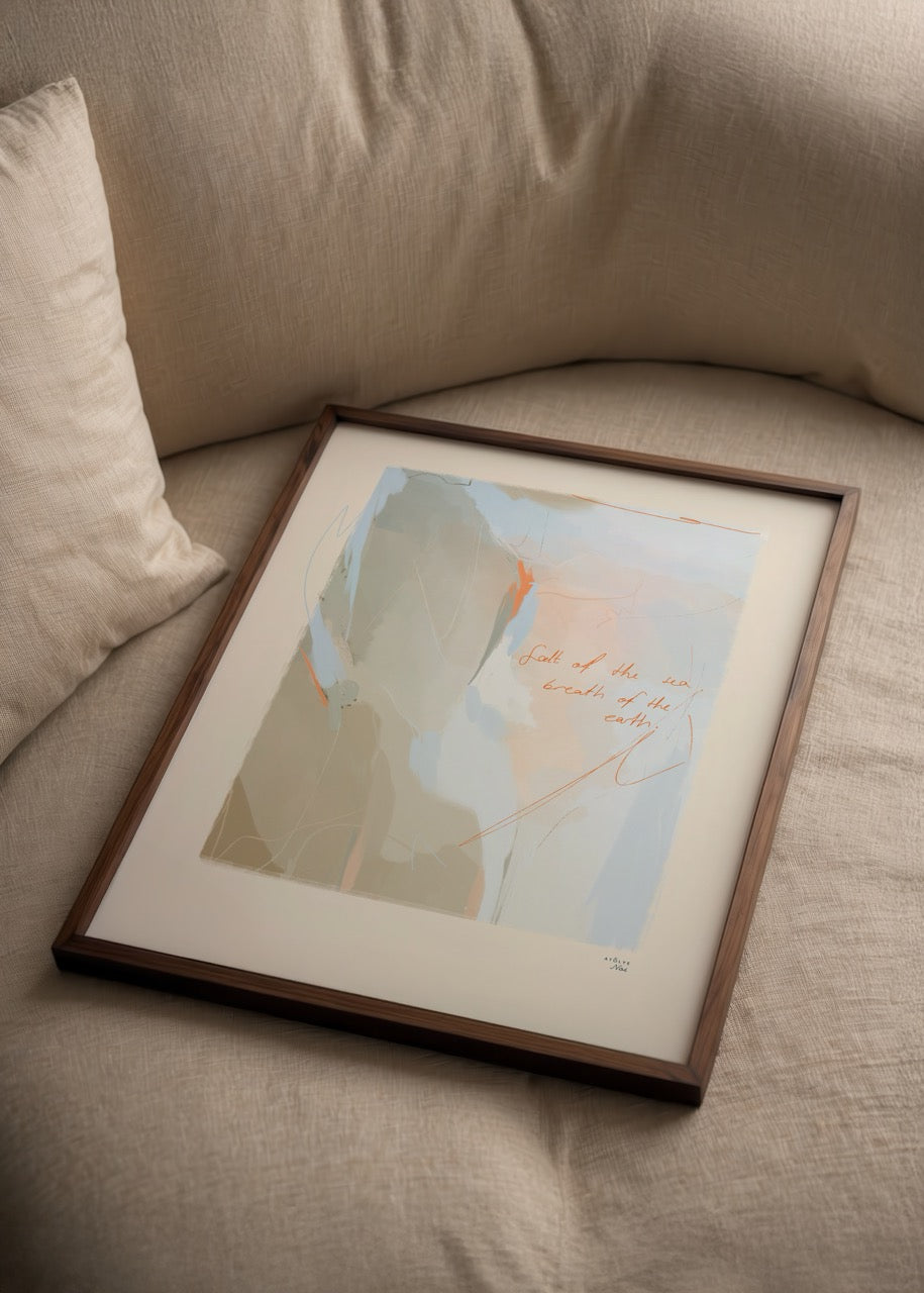 Abstract artwork representing the connection of salt, sea, and earth in soft hues.