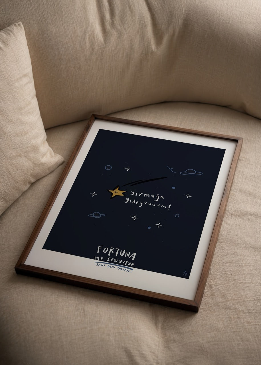 Whimsical poster print featuring a star and playful text on a dark blue background.