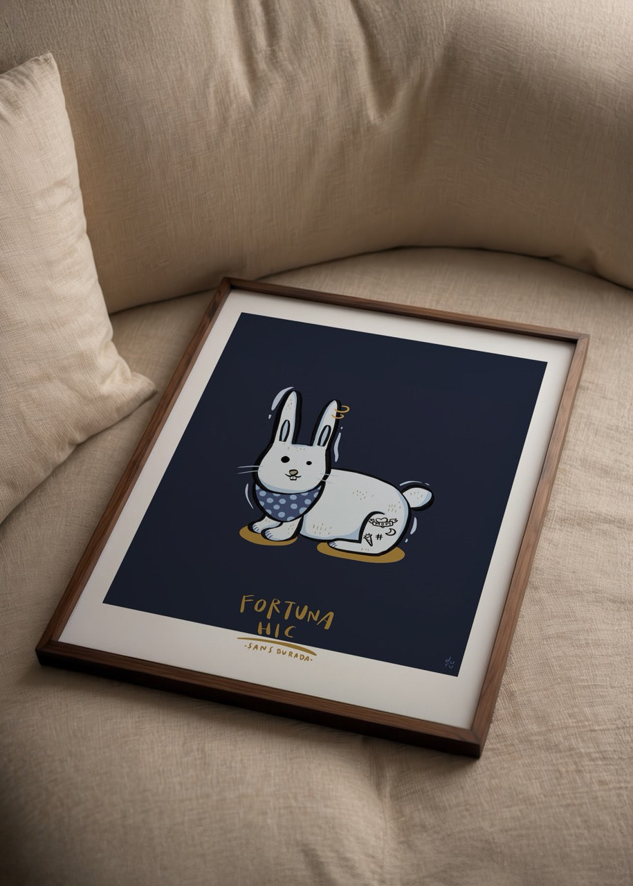 Lucky Rabbit Poster featuring a playful rabbit design on a navy background.