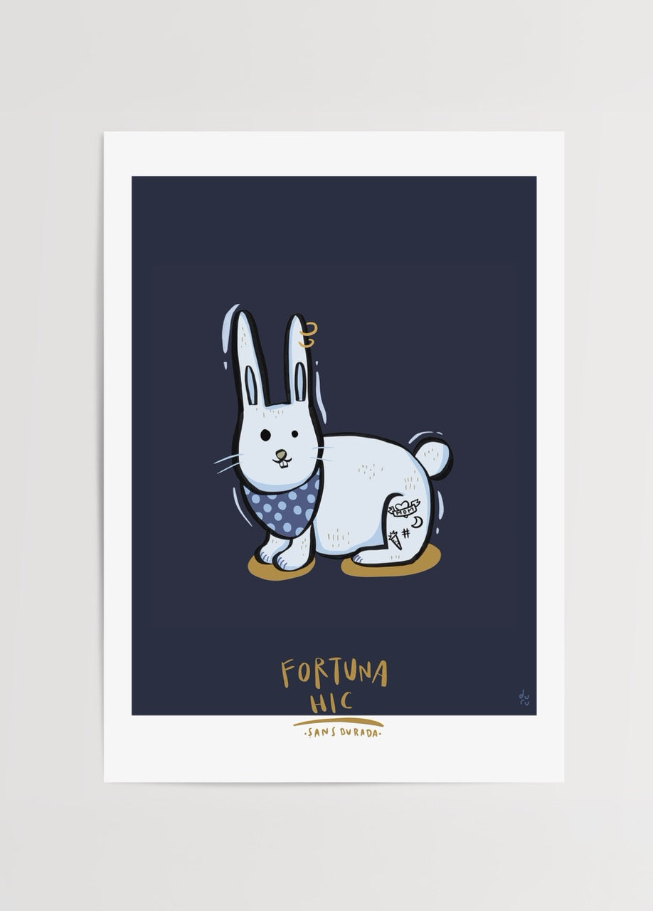 Lucky Rabbit Poster featuring a playful rabbit design on a navy background.