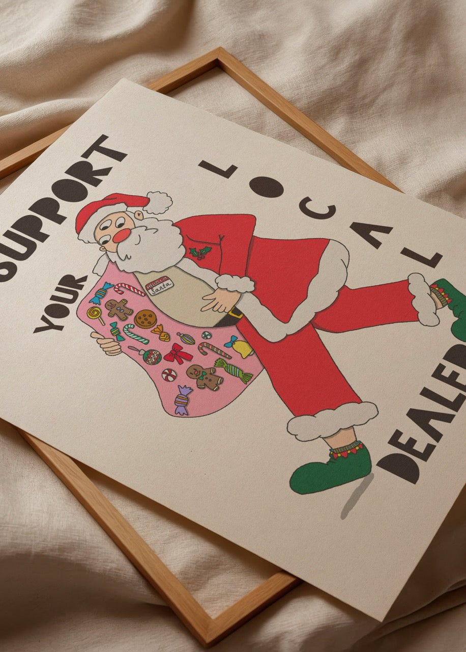 A vibrant Santa illustration promoting local support, perfect for festive wall art.