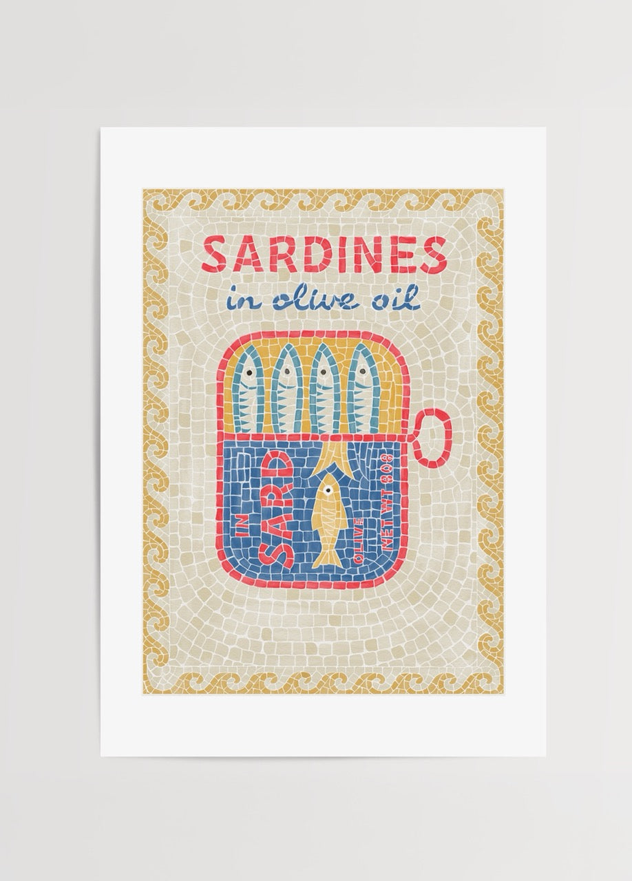 Illustrative poster print of sardines in olive oil with vibrant colours.