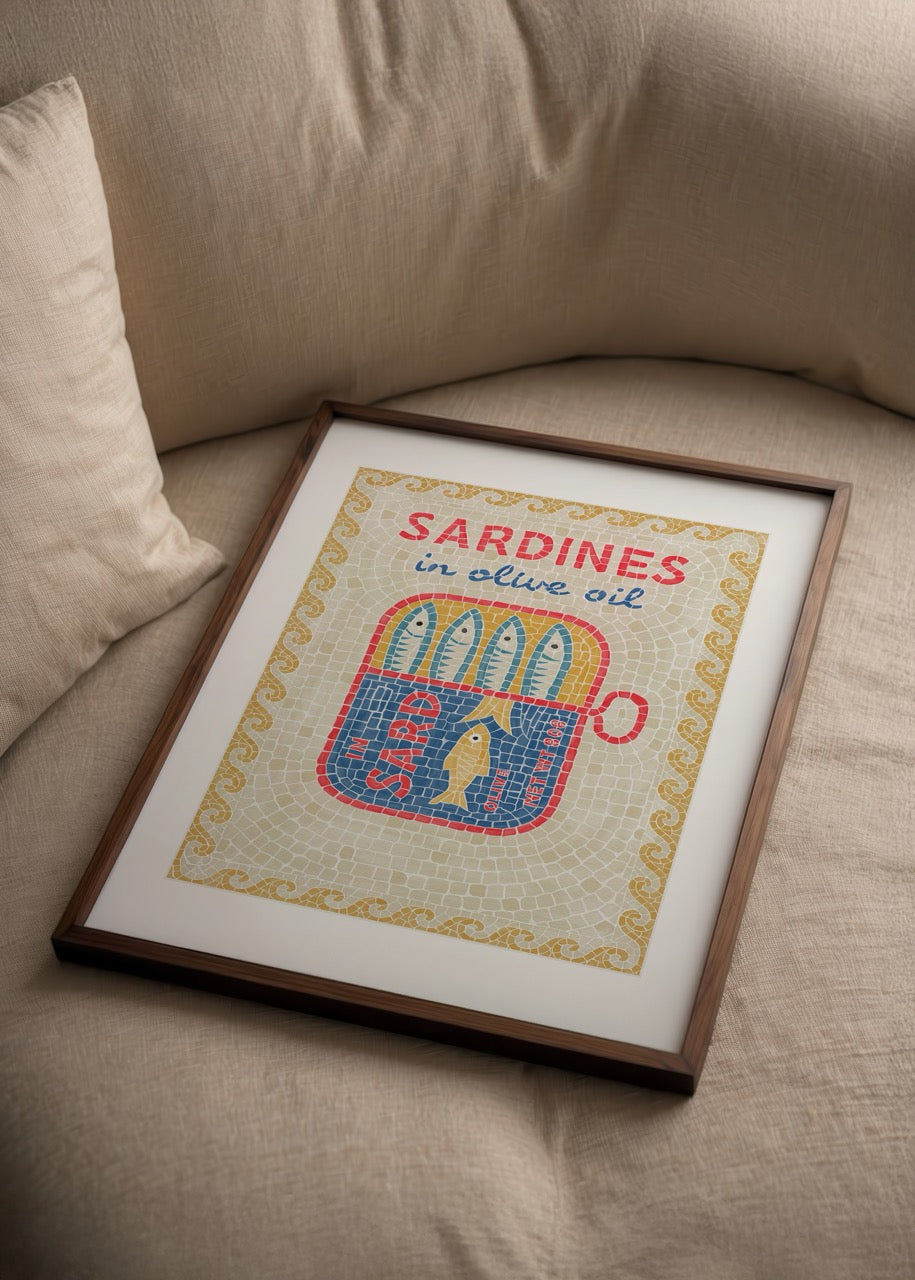 Illustrative poster print of sardines in olive oil with vibrant colours.