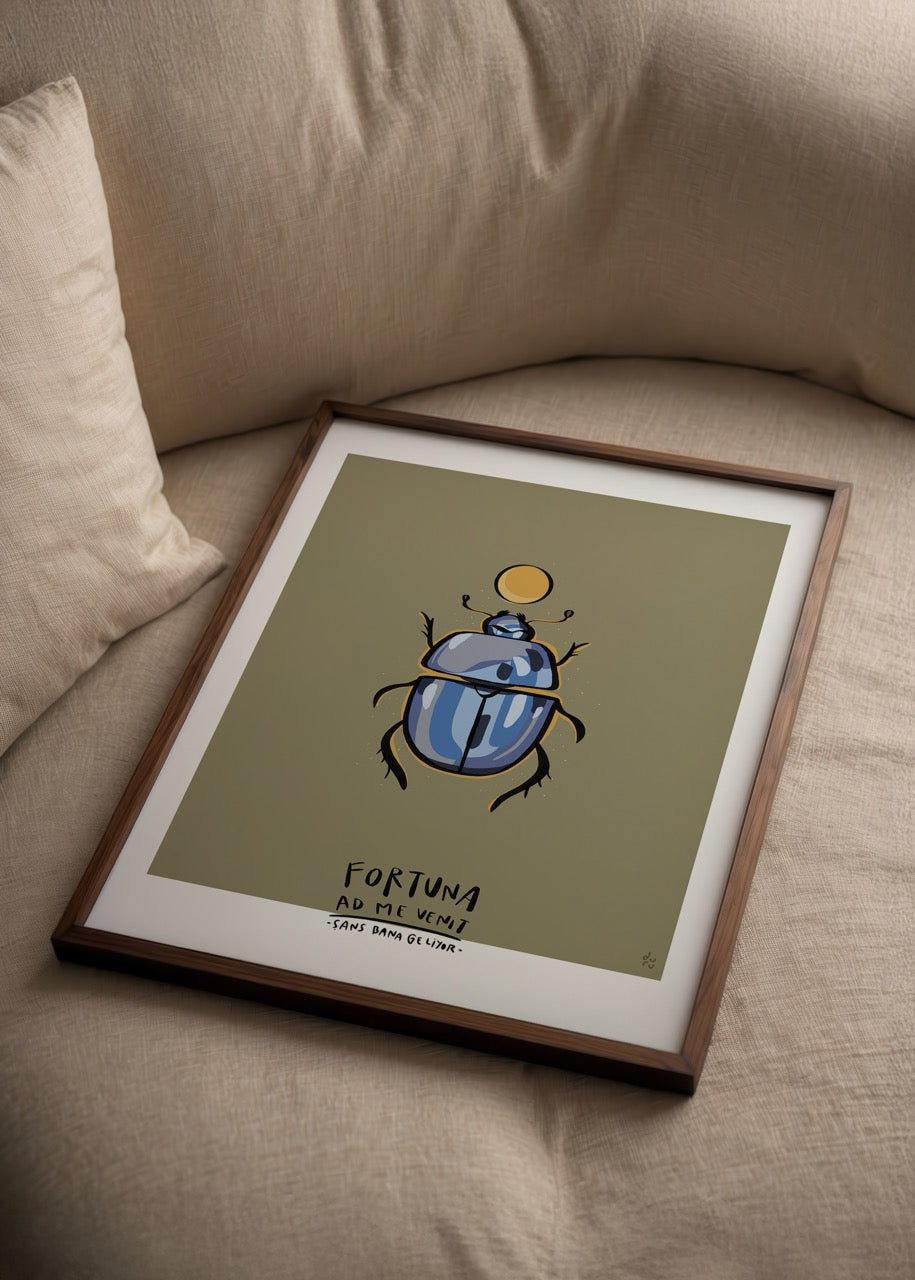 Illustration of a blue scarab beetle symbolising luck and protection on a beige background.