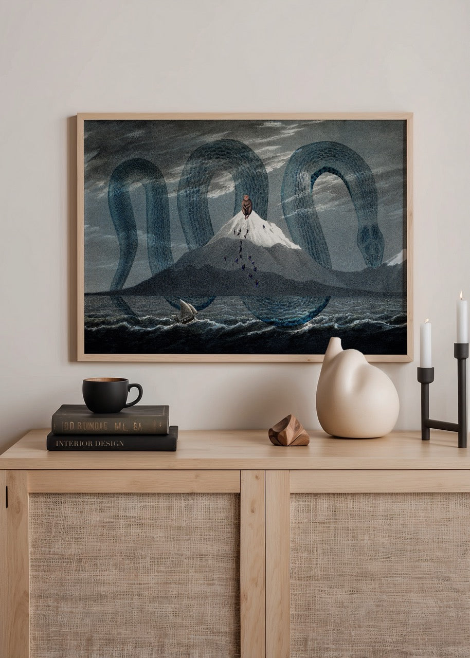 A mystical sea serpent wrapped around a mountain, illustrating adventure and fantasy.