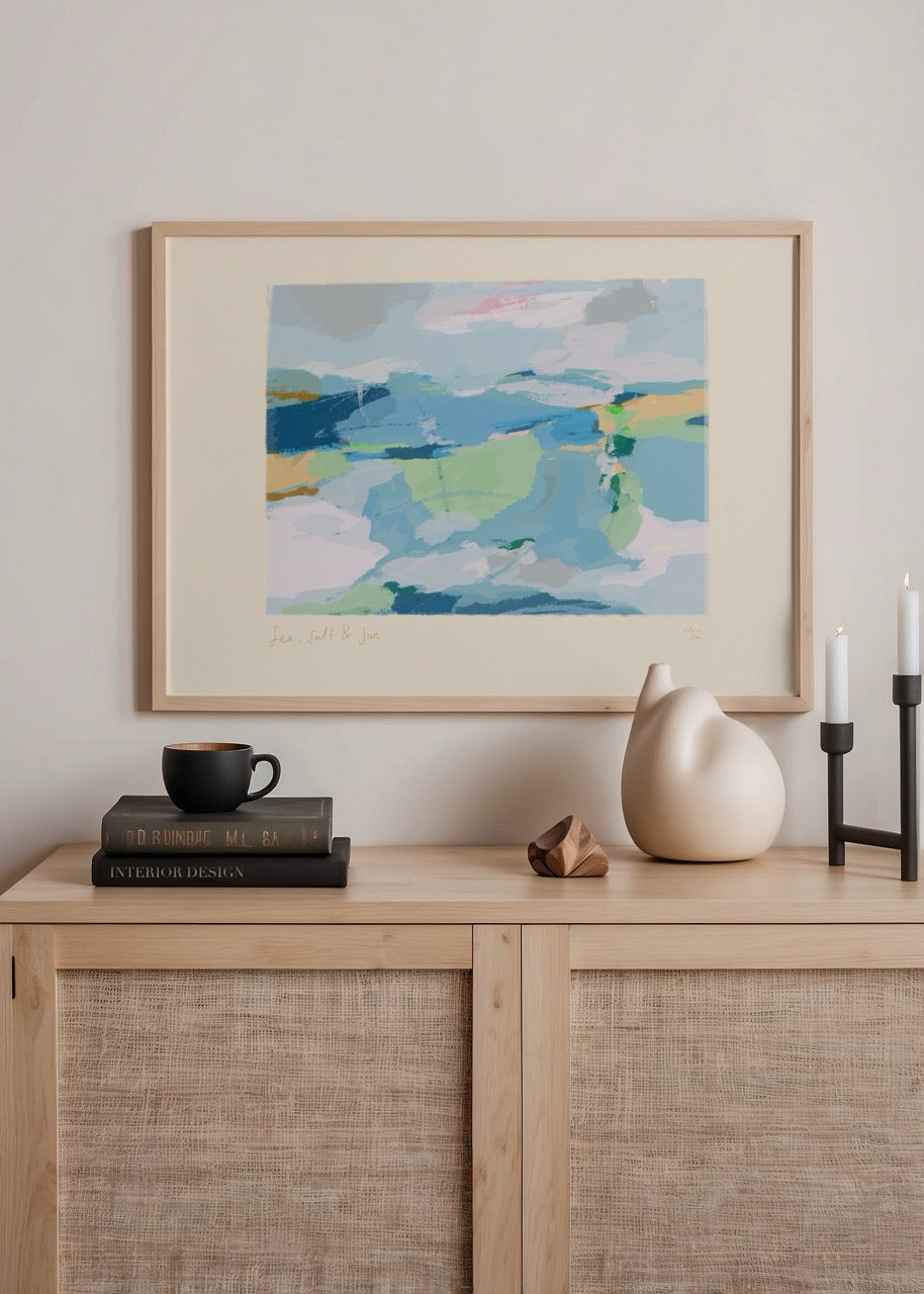 Sea, Salt & Sun Poster Print featuring serene coastal abstract art.