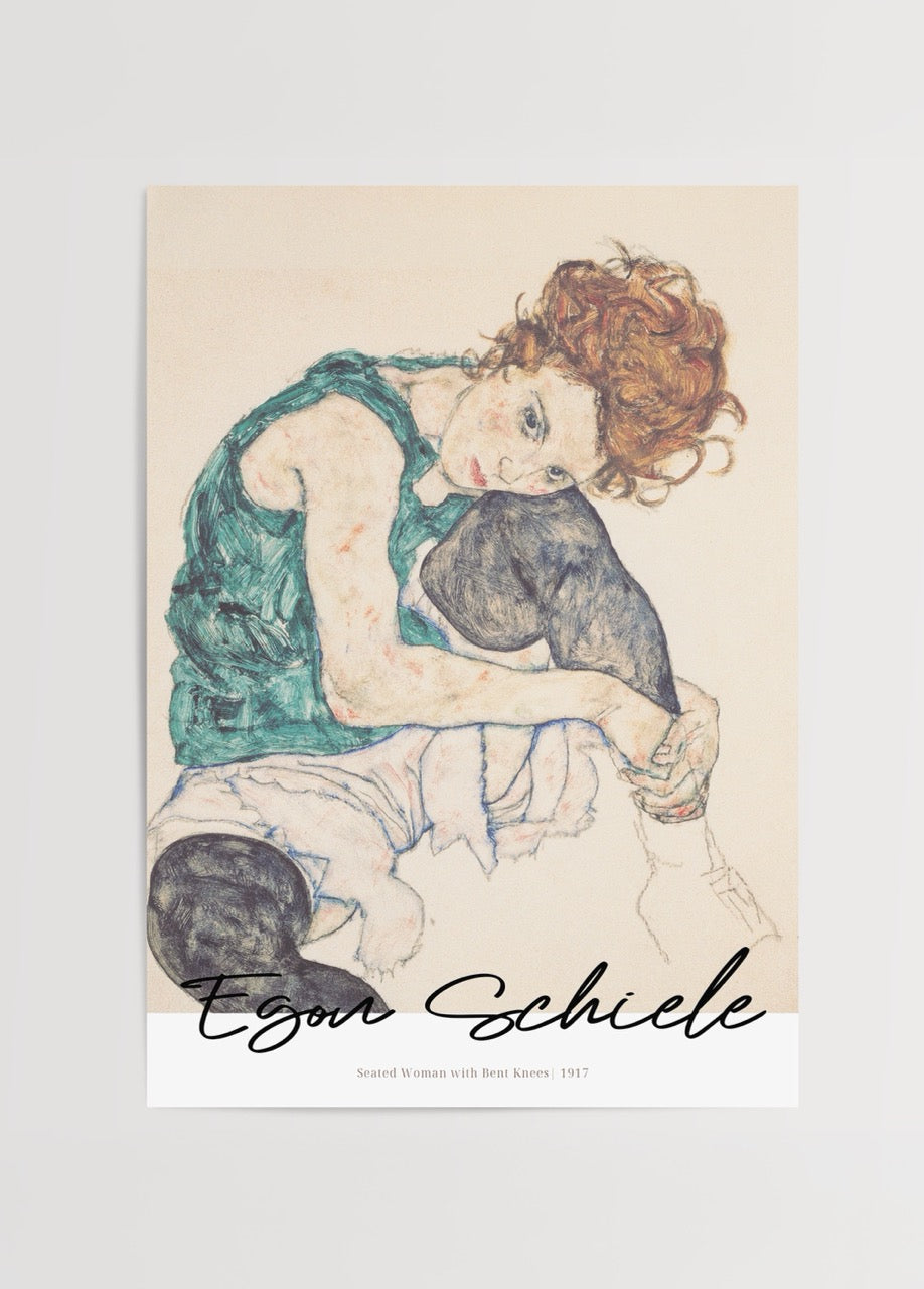 Artwork of a seated woman with bent knees, showcasing emotional expression.