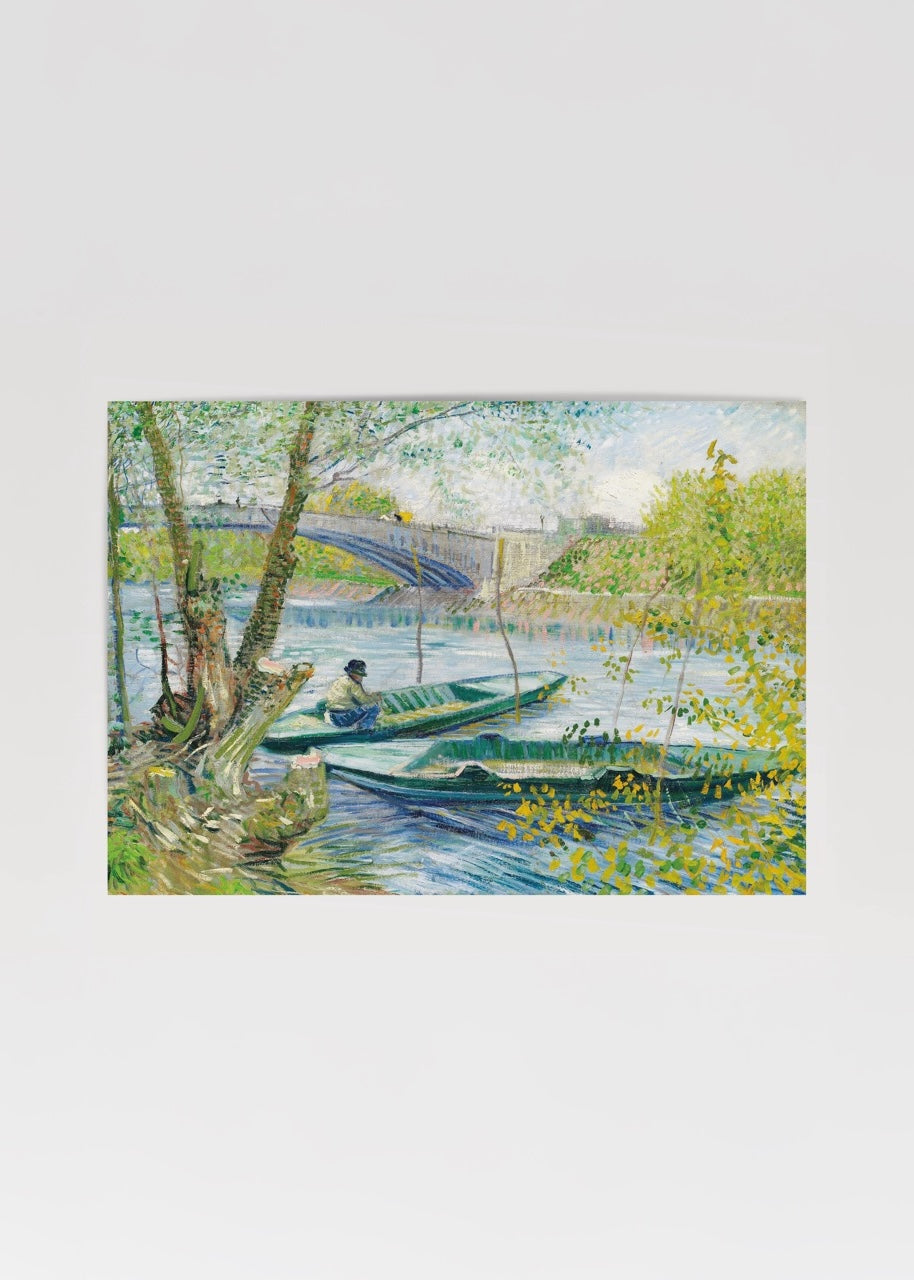 A serene landscape featuring boats by a river under a bridge, surrounded by lush greenery.