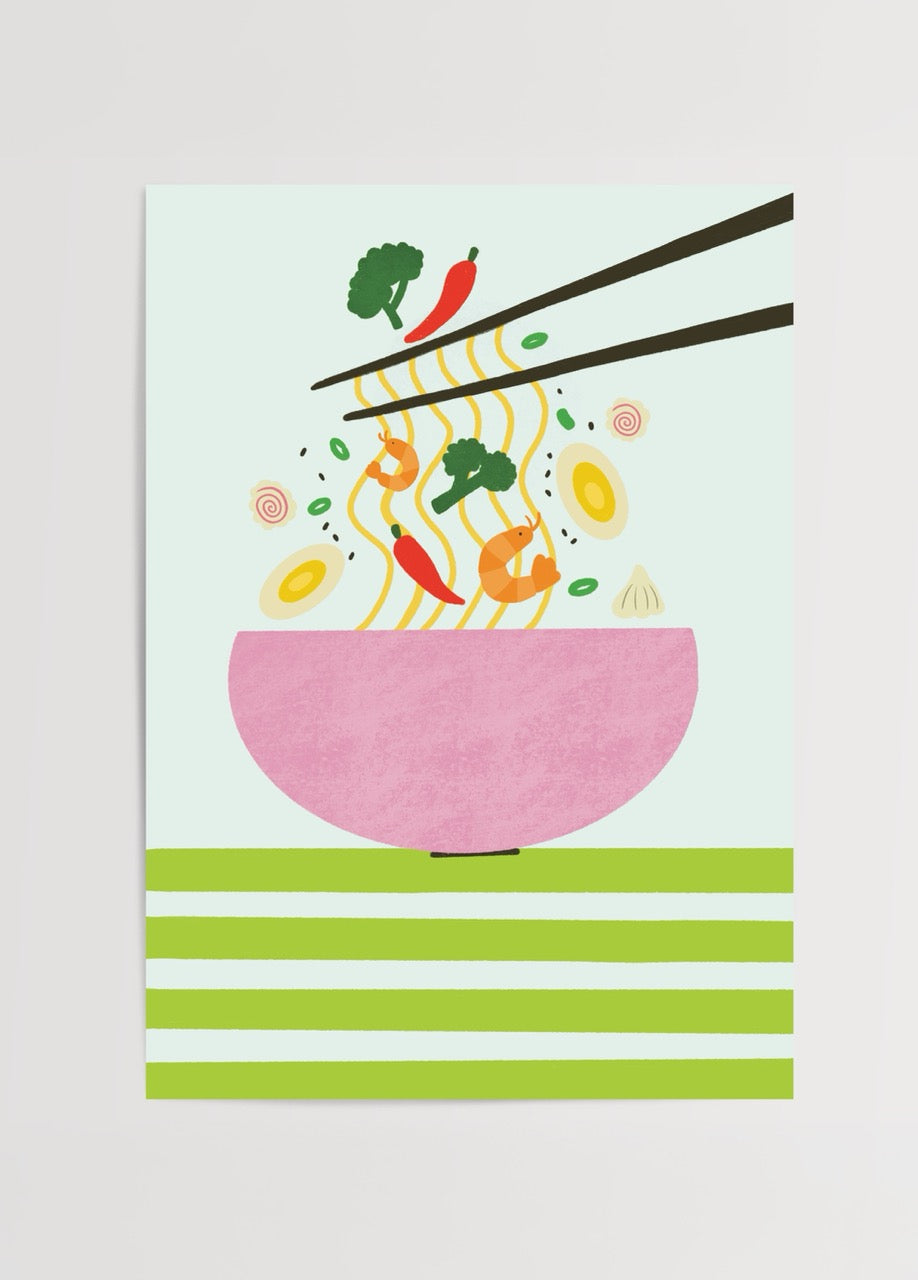 Illustrative poster featuring shrimp noodles in a bowl with chopsticks.