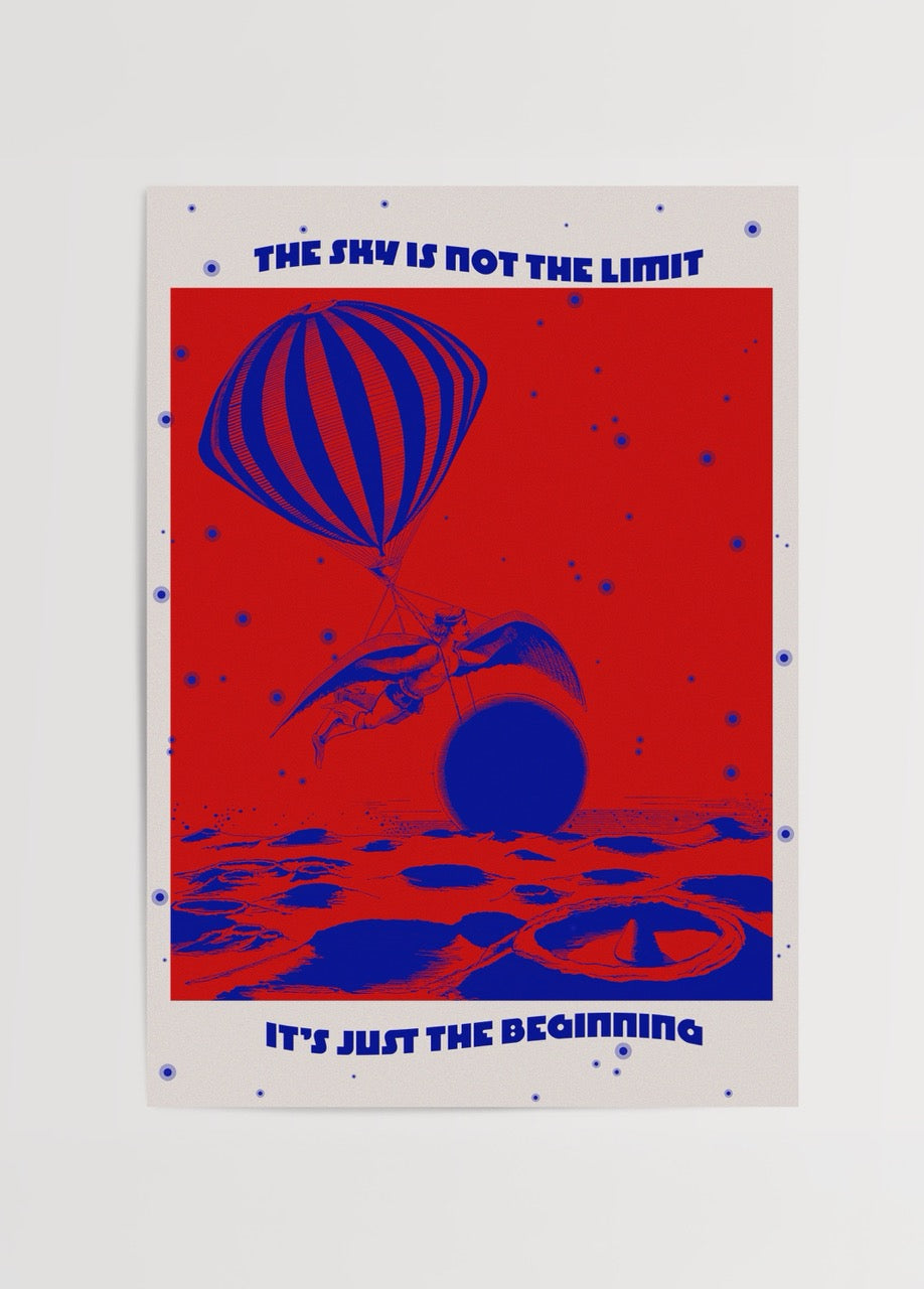Vibrant poster featuring a bold design with a parachute and a dragon, inspiring imagination and adventure.