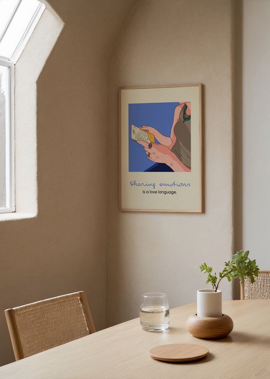 Illustrative poster featuring hands holding a letter with the text &