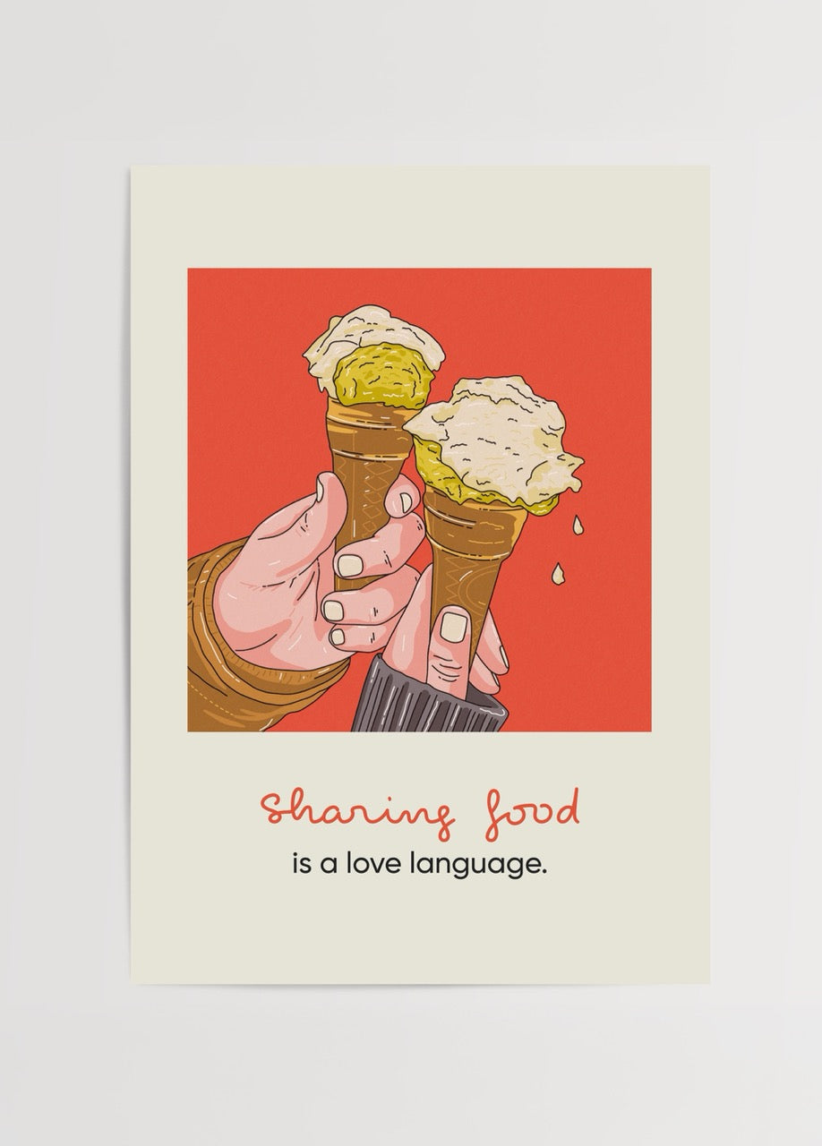 Illustration poster depicting two ice cream cones, conveying the message of sharing food as a love language.