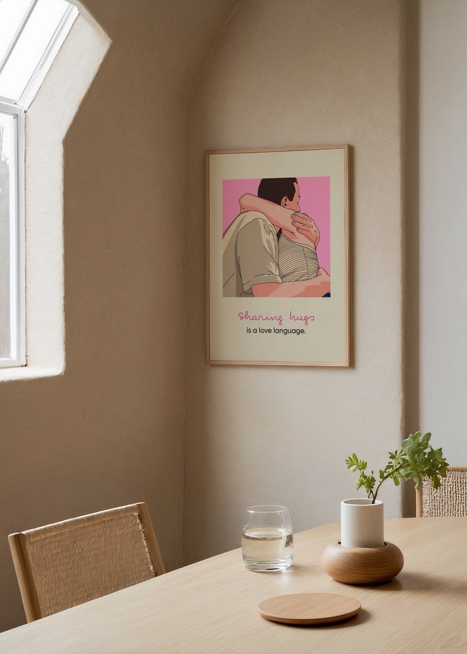 Illustrative poster depicting a warm hug, conveying love and connection.