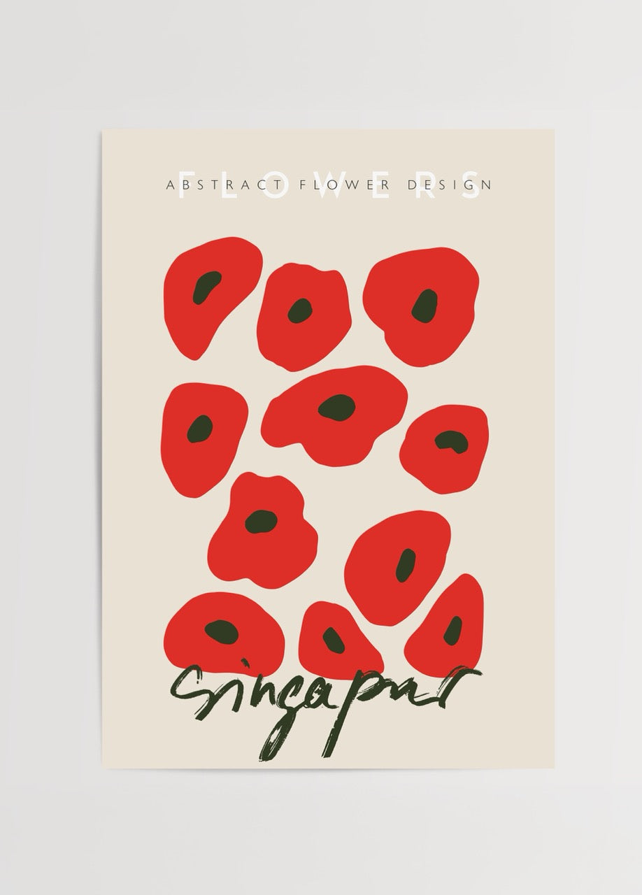 Abstract floral art print featuring red blooms on a soft background.