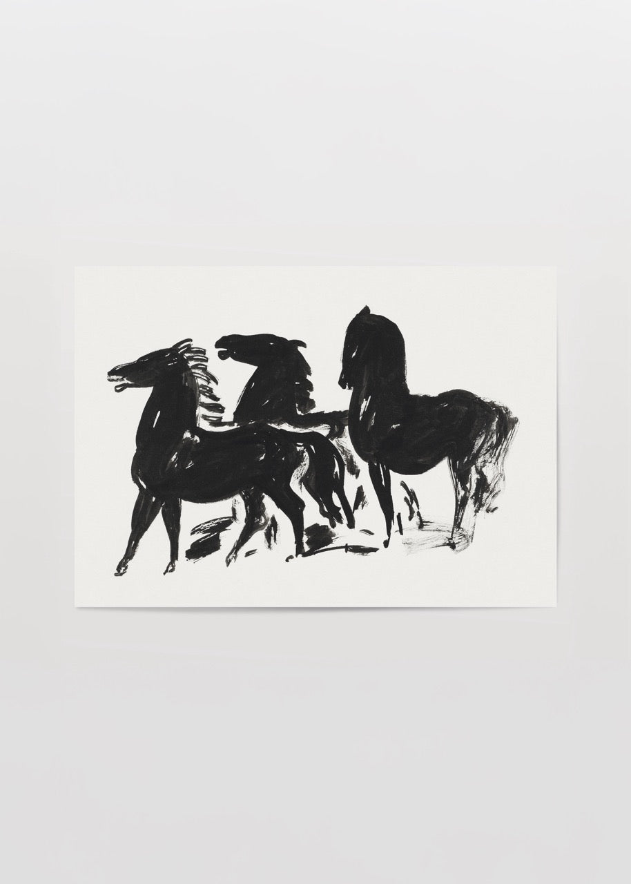 Abstract artwork of three majestic black horses in motion.