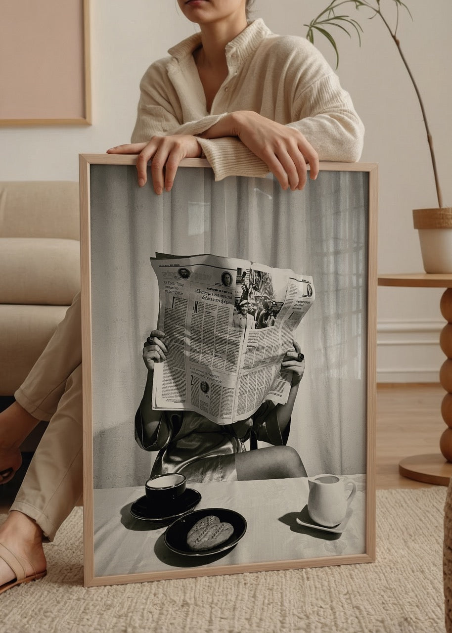 Black and white artwork of a person reading a newspaper over coffee cups and biscuits.