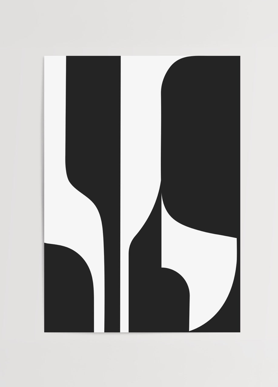 Monochrome minimalist geometric artwork featuring bold black and white shapes.