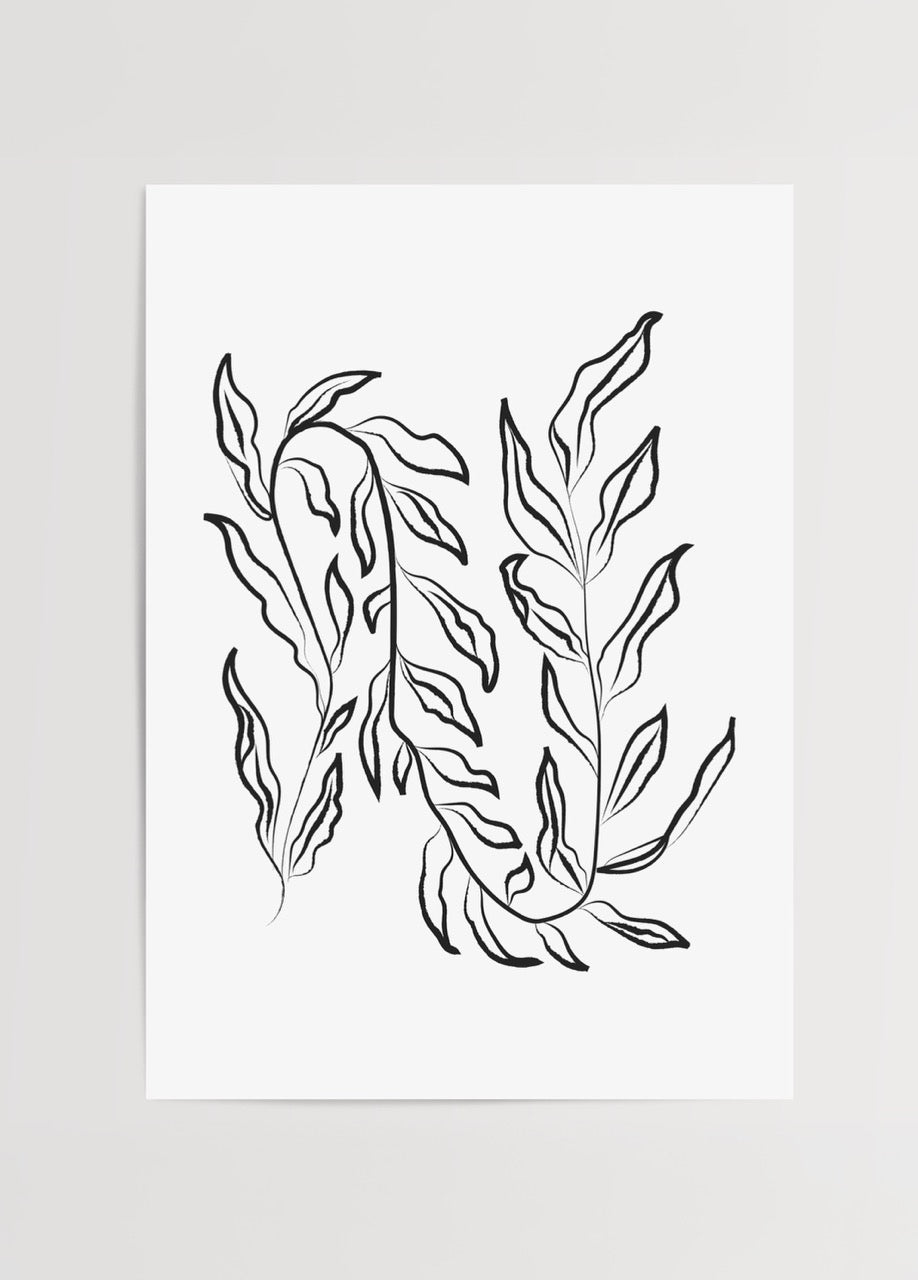 Minimalist black leaf design wall art on a white background.