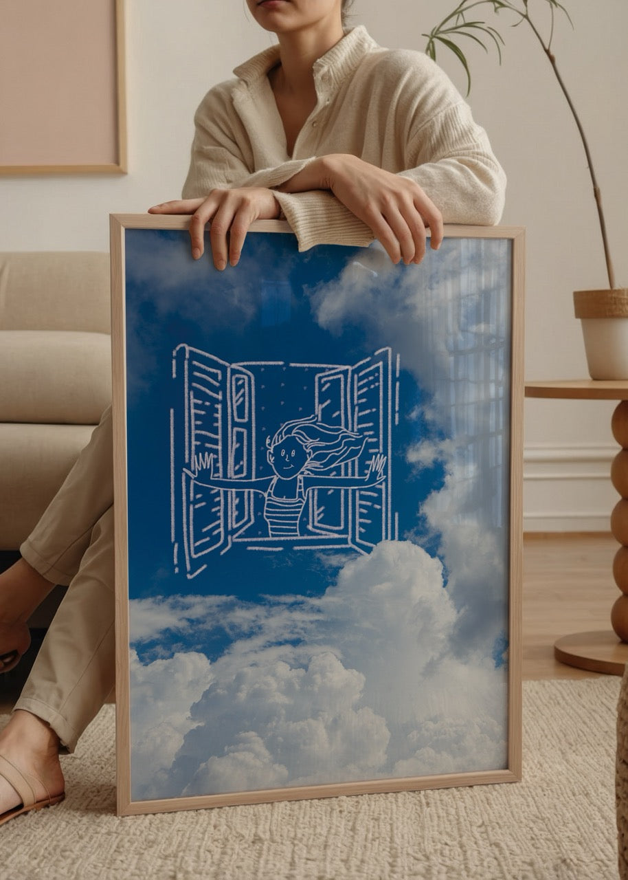 Whimsical illustration of a girl with open windows against a blue sky and clouds.