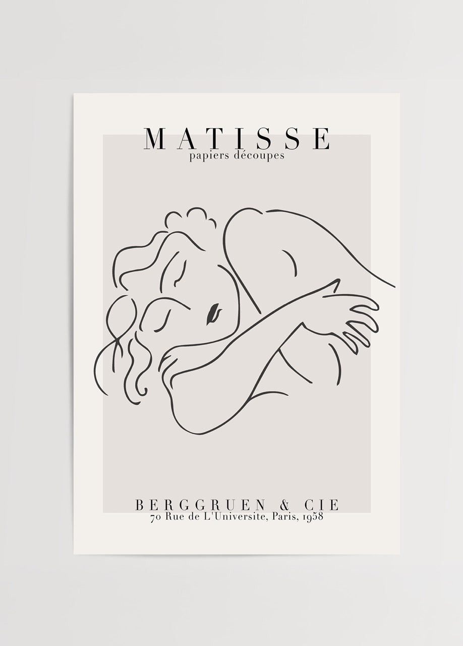 Minimalist line art poster depicting a serene sleeping woman.