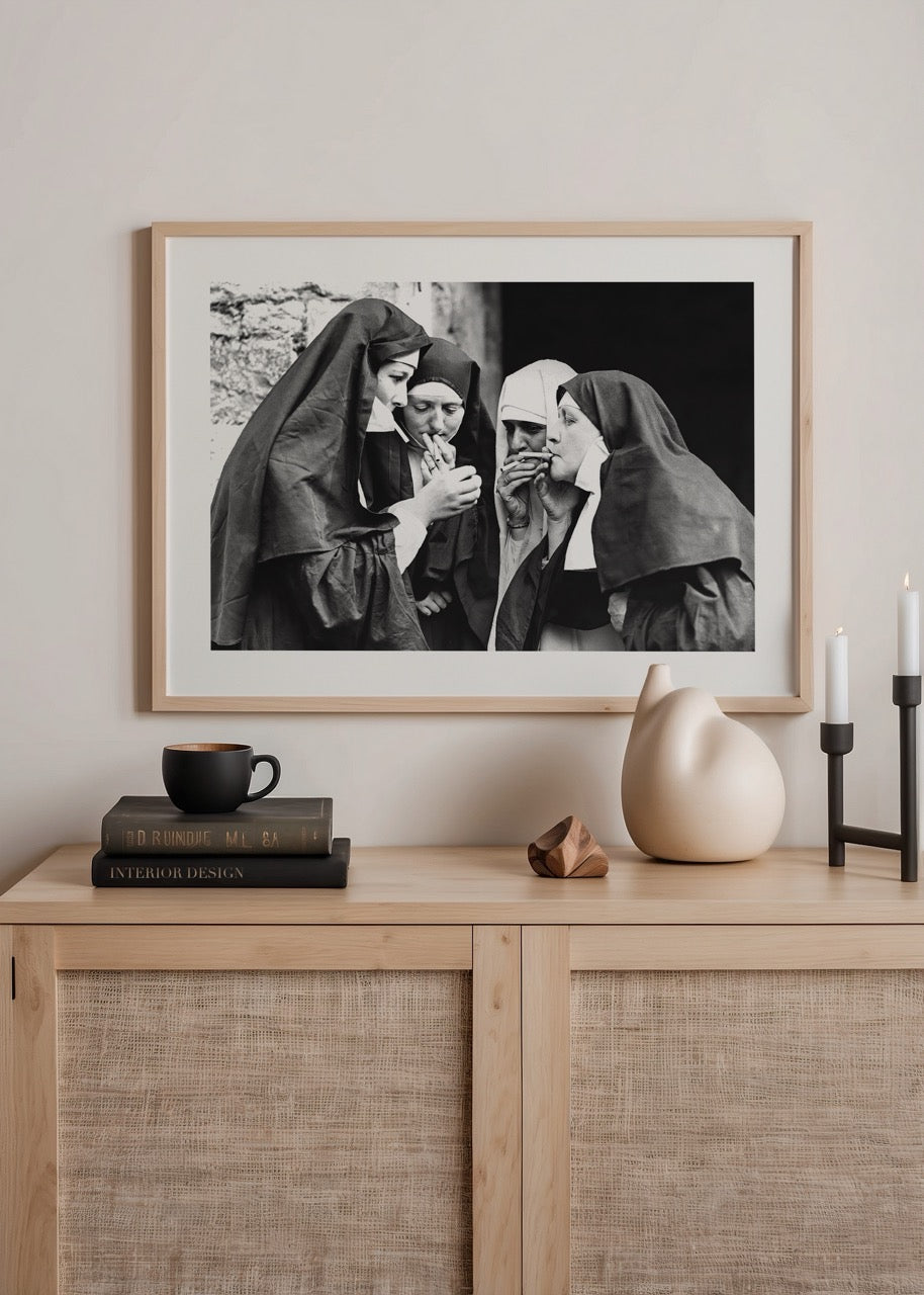 Vintage photograph of nuns sharing a moment, perfect for wall art.