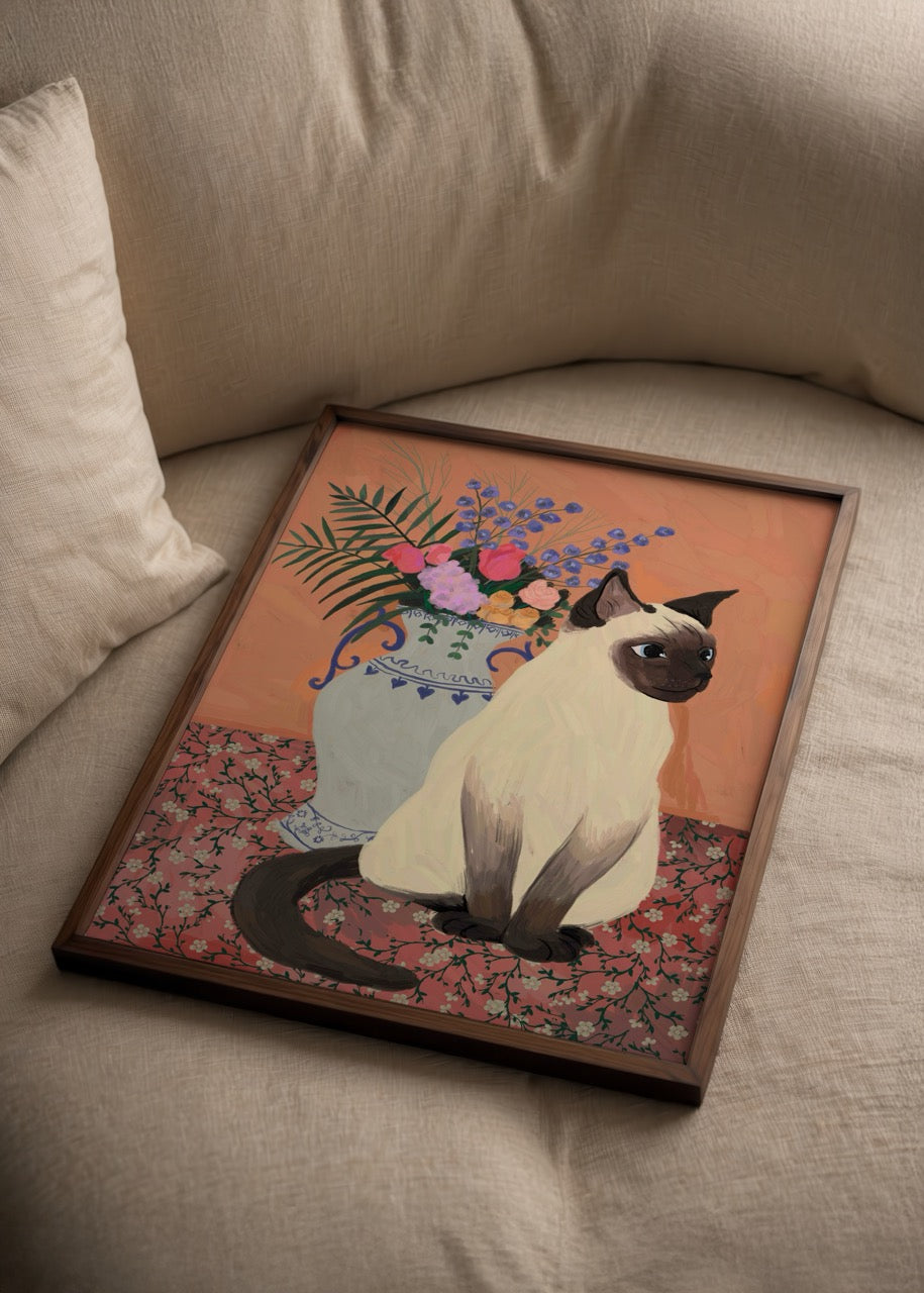Illustrative cat print with floral vase, warm tones and charm.