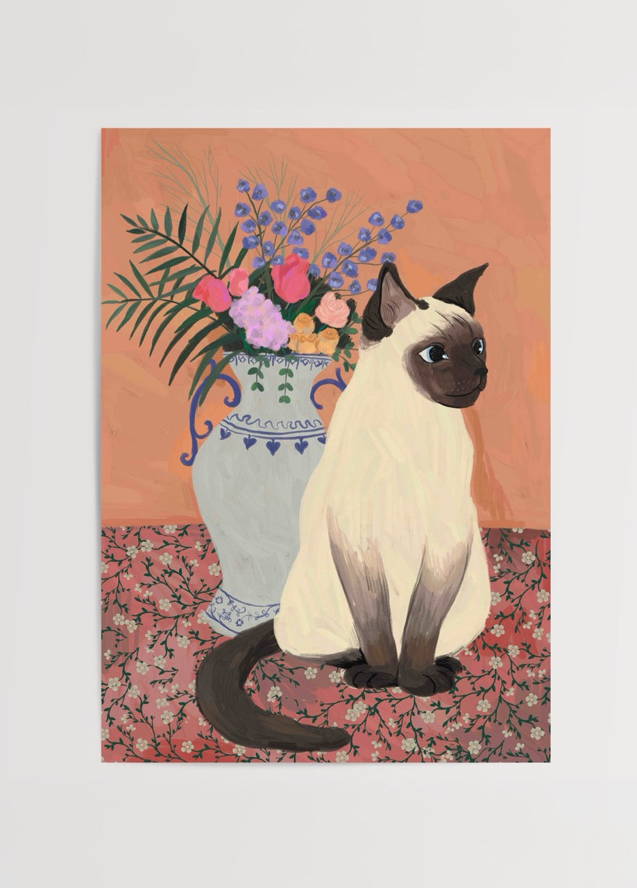 Illustrative cat print with floral vase, warm tones and charm.