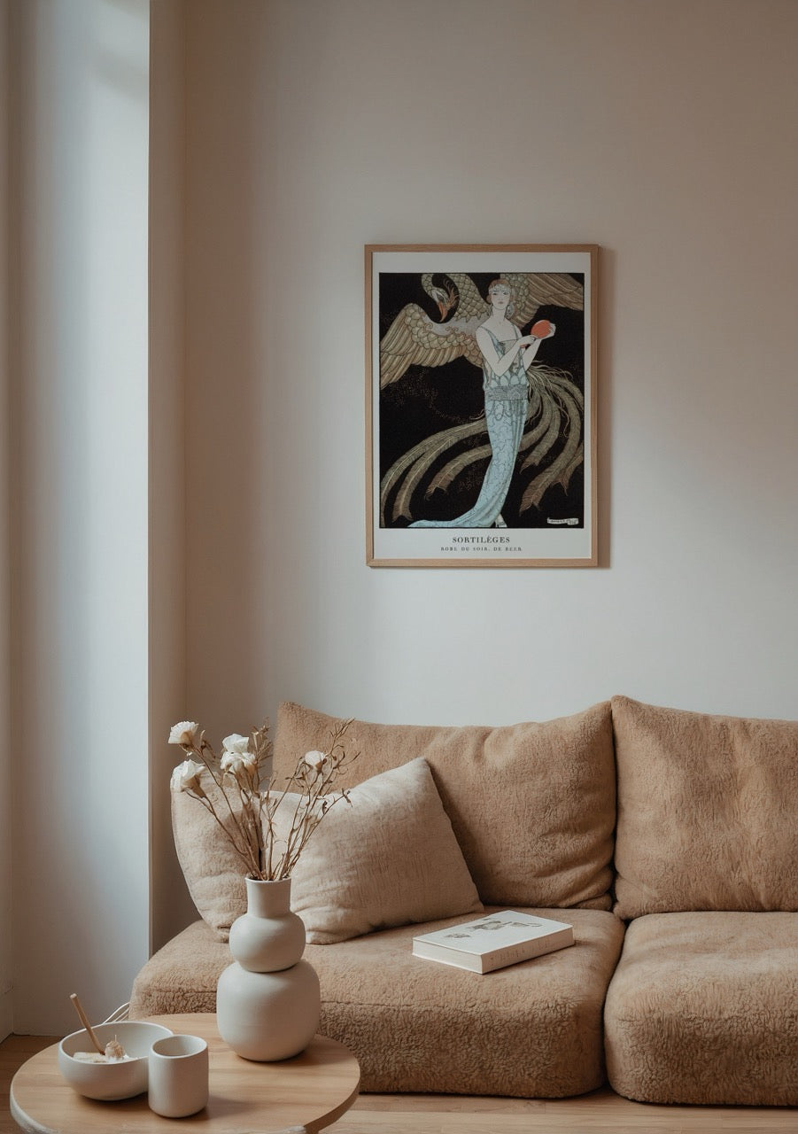 Art Deco poster featuring an elegant woman with a bird.