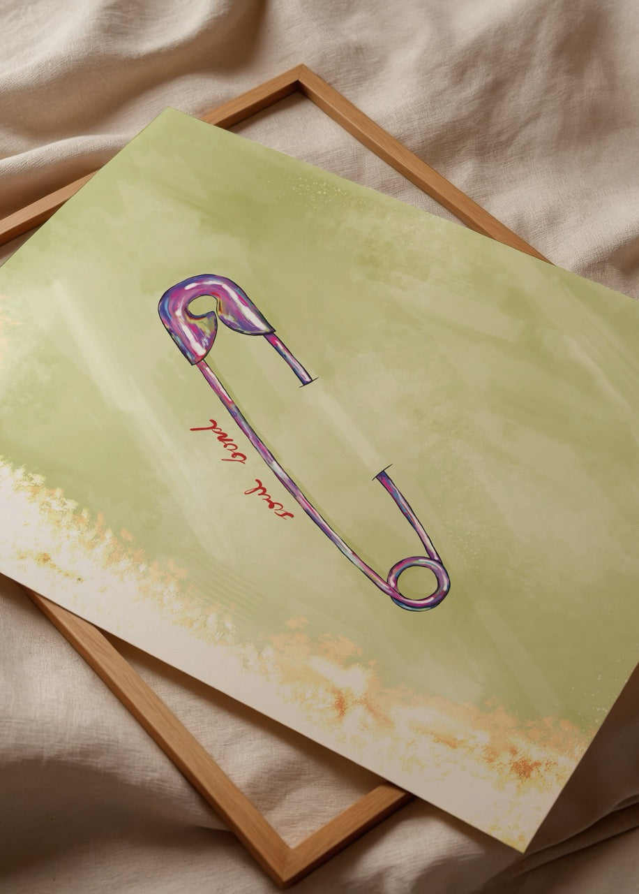 Illustration of a safety pin on a soft green background, symbolising connection.