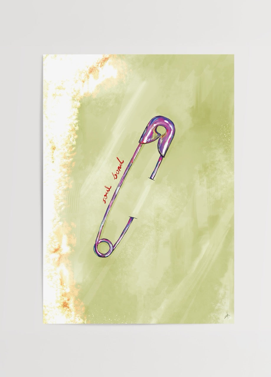 Illustration of a safety pin on a soft green background, symbolising connection.