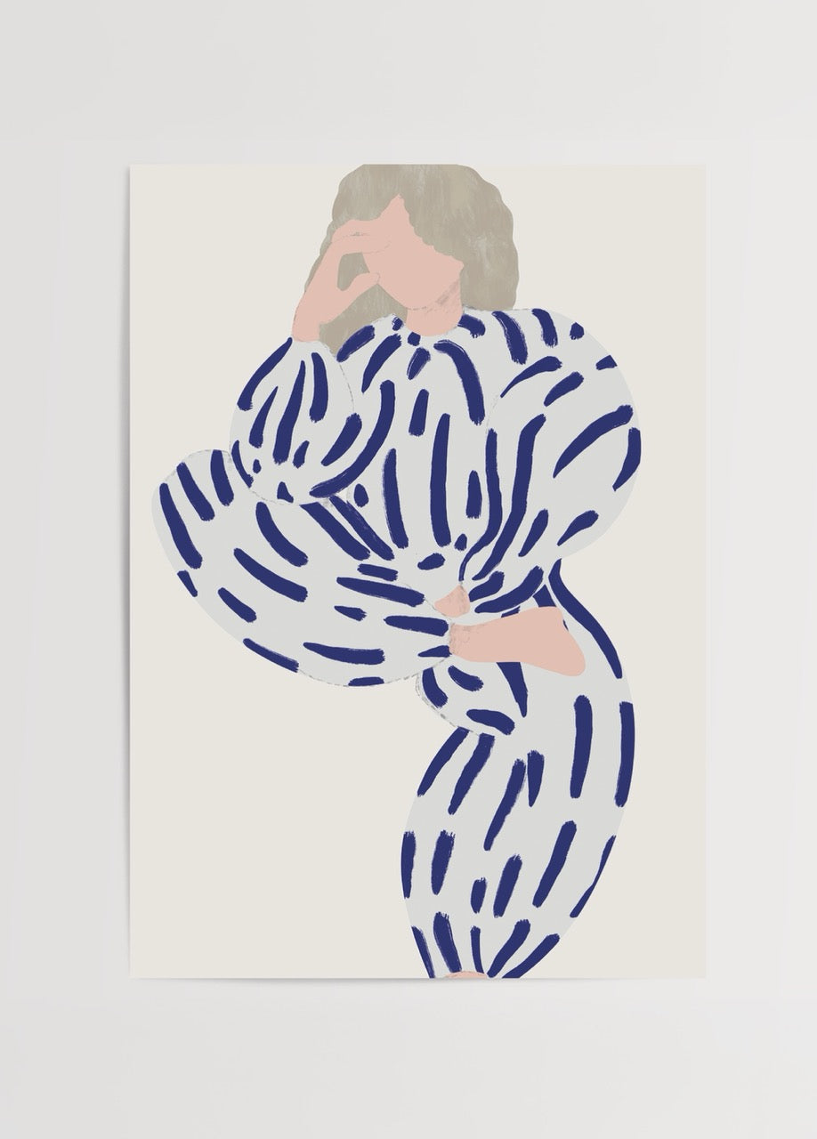 Abstract woman figure with rhythmic lines in blue and cream
